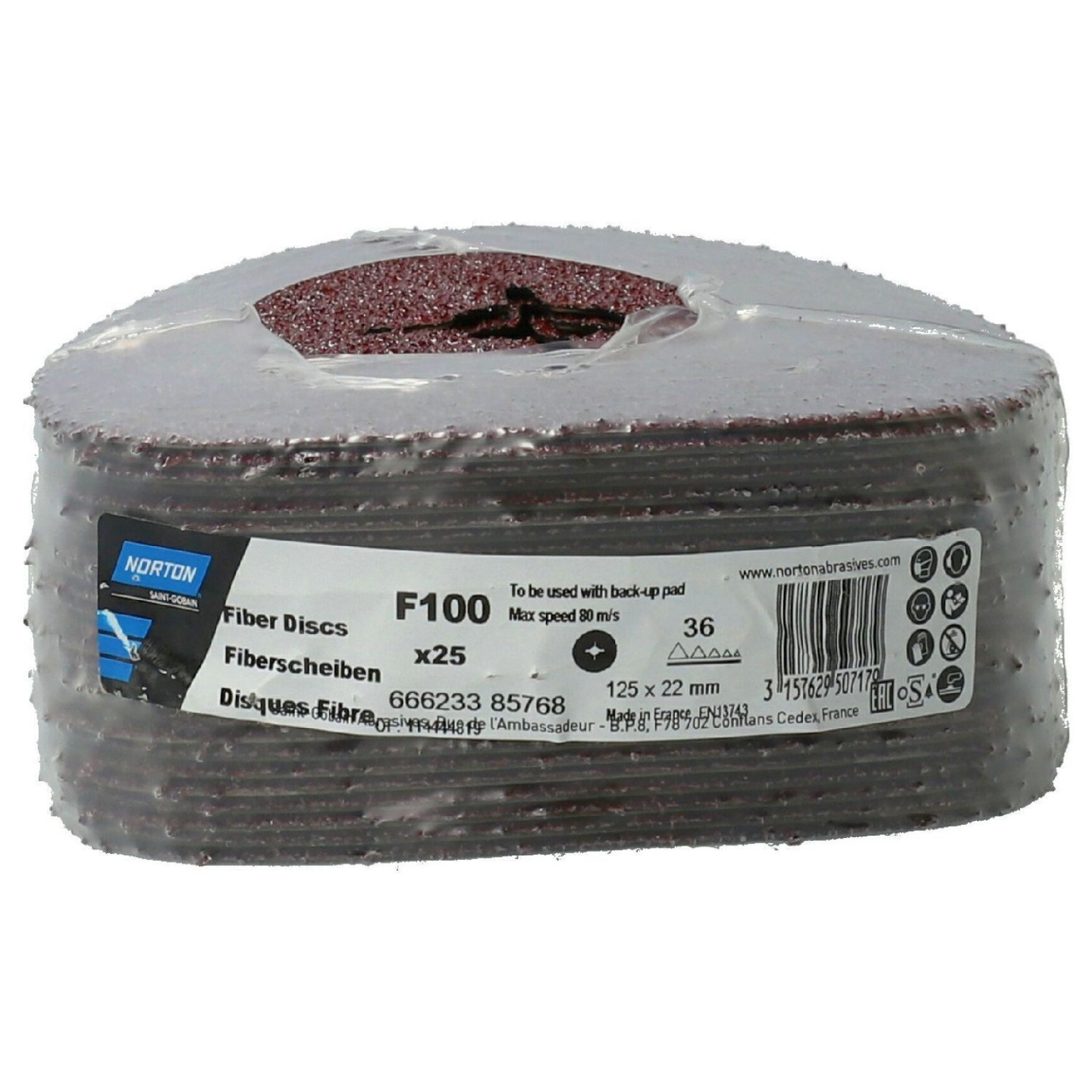 Norton Fiberschijven Alox F100 125 x 22 mm korrel 36 - pakje 25 stuks
